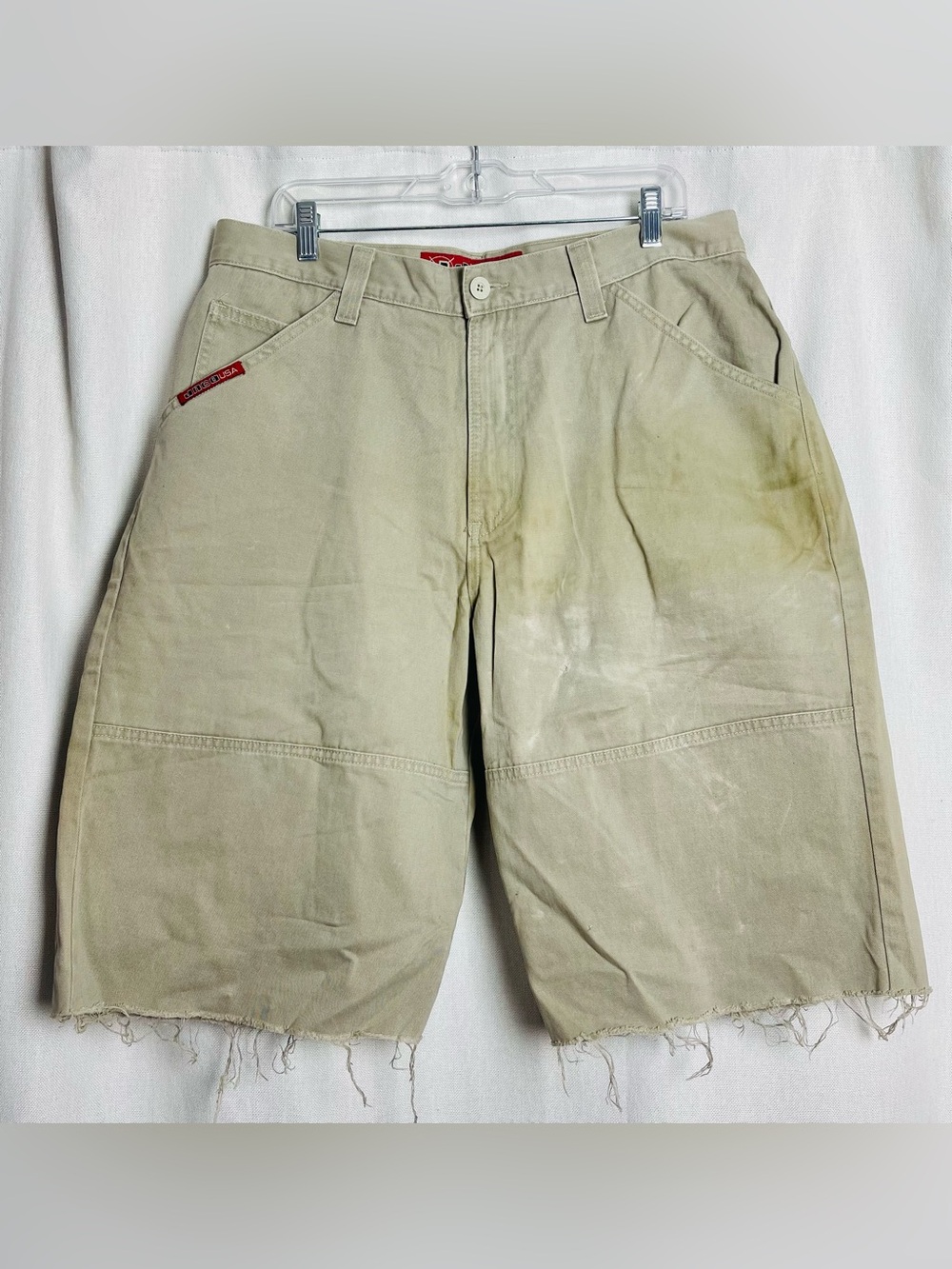 JNCO Mandrels Wide Leg Long Cutoff Shorts Men's 36 Khaki Beige Y2K Cotton Skater